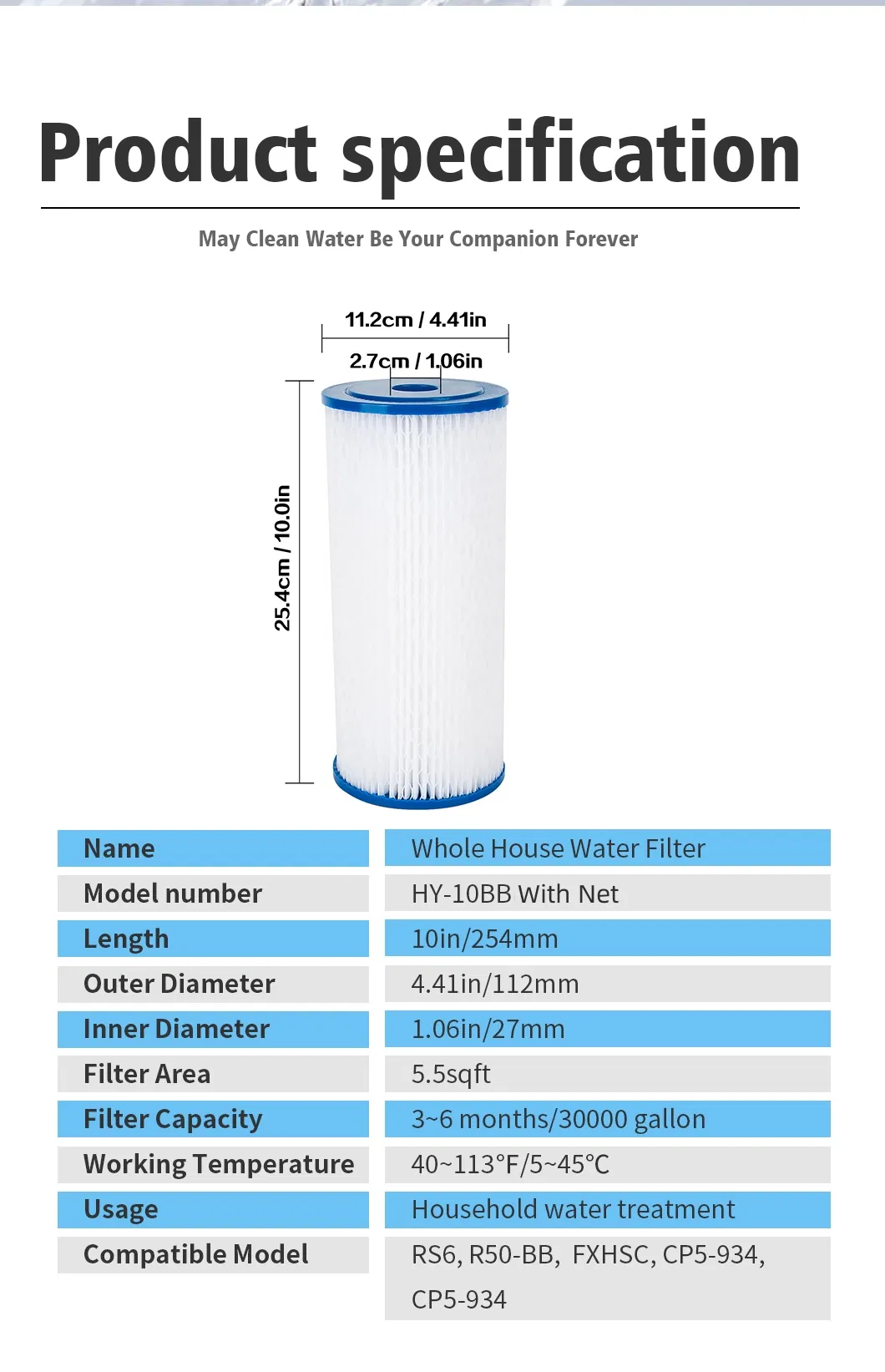 Universal Whole House 5 Micron 10 X 4.5 Bb with Net Cartridge Pleated Water Filter Cartridge Whole House Heavy Duty Sediment Compatible with R50-Bb Ecp5-Bb